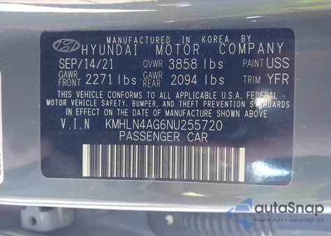 2022 Hyundai Elantra Sel z USA, uszkodzony, nr VIN KMHLN4AG6NU255720